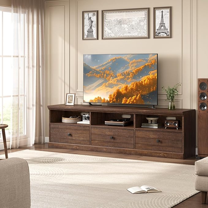 IDEALHOUSE 70in TV Stand for TVs up to 80", Mid Century Modern Entertainment Center with Storage Drawer and Open Shelves, TV Console Media Cabinet for Living Room, Bedroom, Brown