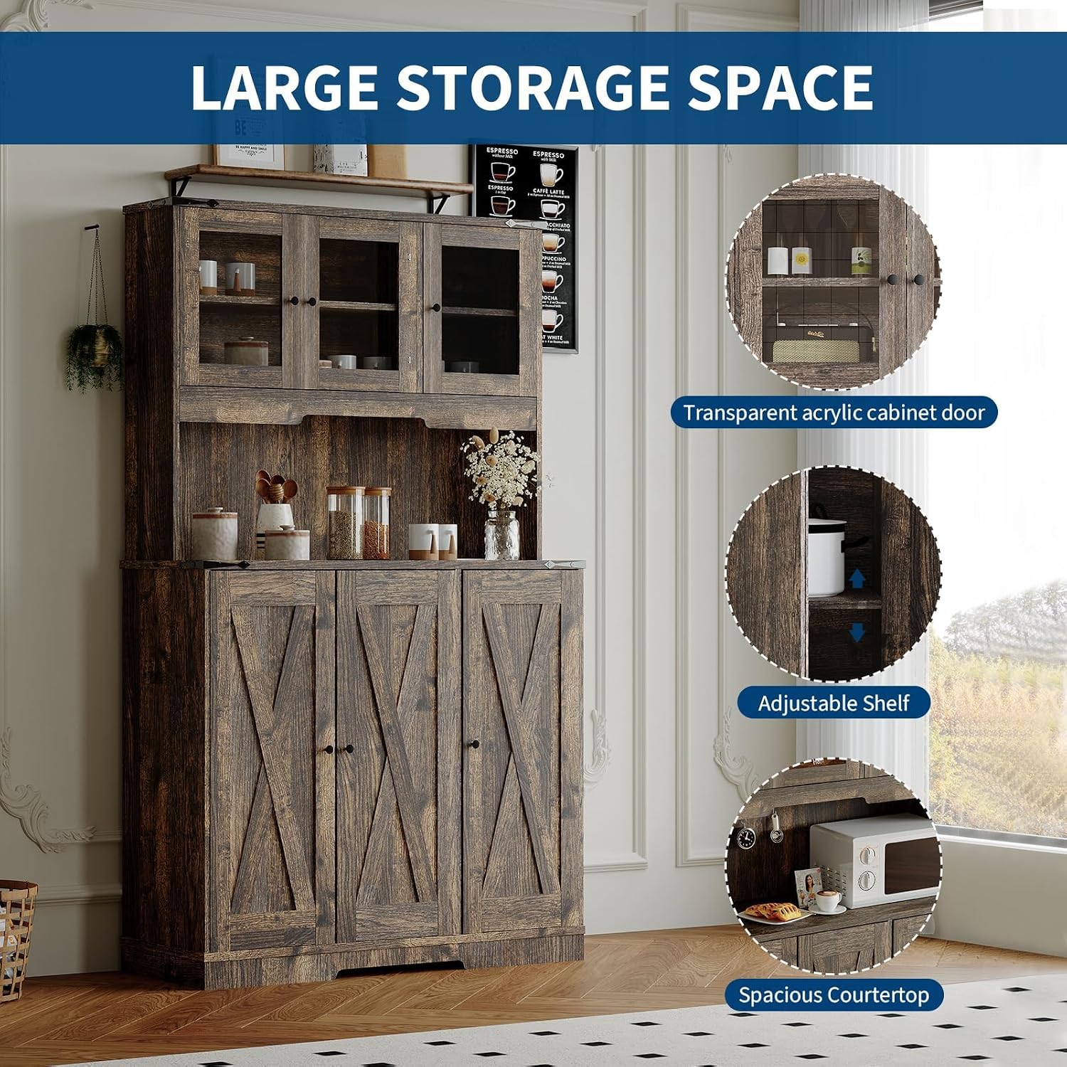 70'' Kitchen Pantry Cabinet with Power Outlet, Freestanding Kitchen Storage Cabinet with Acrylic Doors, Microwave Stand & Adjustable Shelf, Coffee Bar Cupboard for Dining Room, Living Room