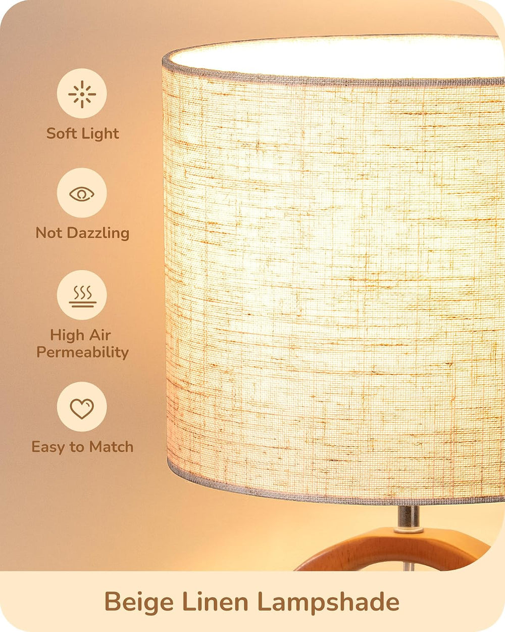 EDISHINE Small Wood Table Lamp, Nightstand Lamp, ON-Off Switch, Living Room