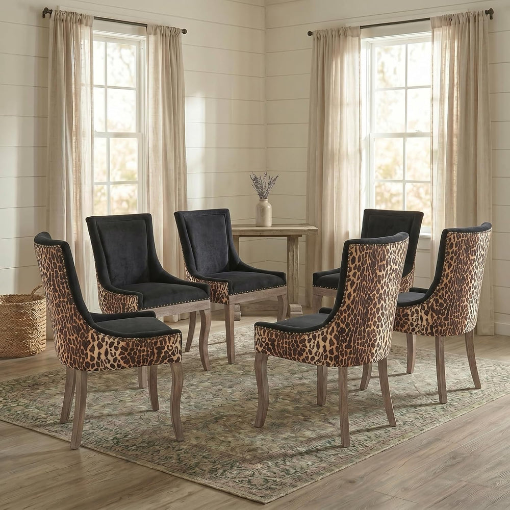 Leopard Upholstered Dining Chairs Set of 6, Animal Print Fabric Kitchen &...