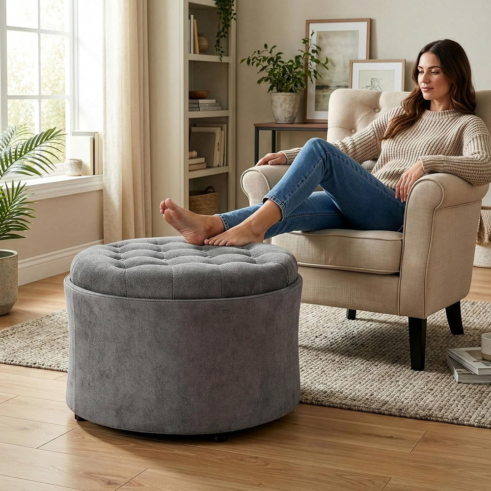 ONBRILL 24" Round Ottoman Coffee Table, Storage Ottoman with Lift-Off Li...