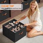 Shoe Organizer for Closet, 2 Pack Foldable Shoe Storage Organizer with Adjustable Dividers, Shoe Storage Box with Clear Cover, Fits up to 16 Pairs, Black