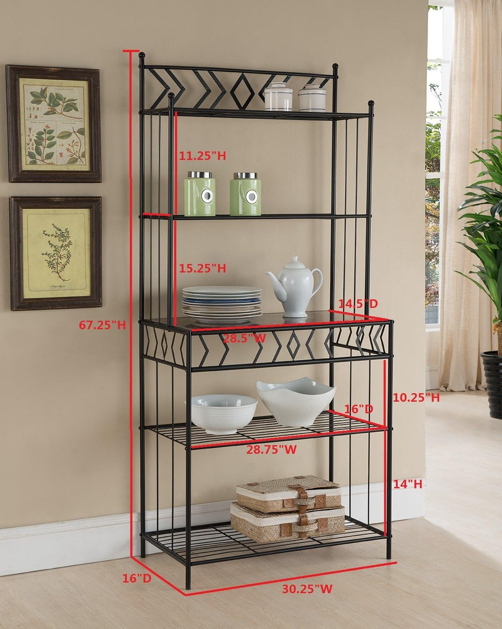 Kings Brand Furniture - 5-Tier Standing Kitchen Bakers Rack for with Storage Microwave Stand, Metal Frame with Marble Finish - Black