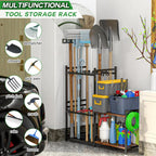 Garage Tool Organizer with 2-tier Wooden Shelves, Yard Tool Organizer for Garage with 6 Hooks, Heavy duty Steel Garden Tool Rack Holds up to 35 Long Handled Yard tools for Storage, Black