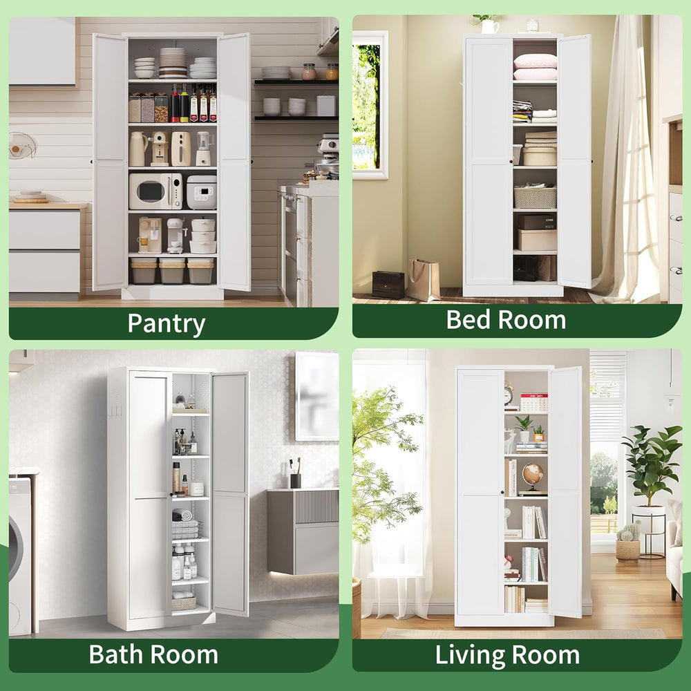 72" Tall Kitchen Pantry Cabinet,White Metal Pantry Cabinet with 2 Doors ...
