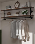 Clothes Rack 60in, Wall Mounted Garment Rack with Real Walnut Wood Shelf, Heavy Duty Hanging Clothes Rack, Multi-Purpose Hanging Rod, Space-Saving Closet Storage (Walnut, 2T60IN)
