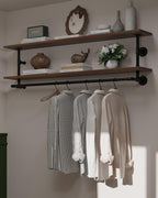 Clothes Rack 60in, Wall Mounted Garment Rack with Real Walnut Wood Shelf, Heavy Duty Hanging Clothes Rack, Multi-Purpose Hanging Rod, Space-Saving Closet Storage (Walnut, 2T60IN)