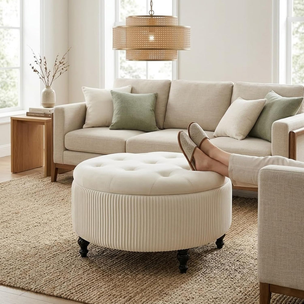 24Inch White Round Storage Ottoman, Upholstered Coffee Table | Modern Tufted ...