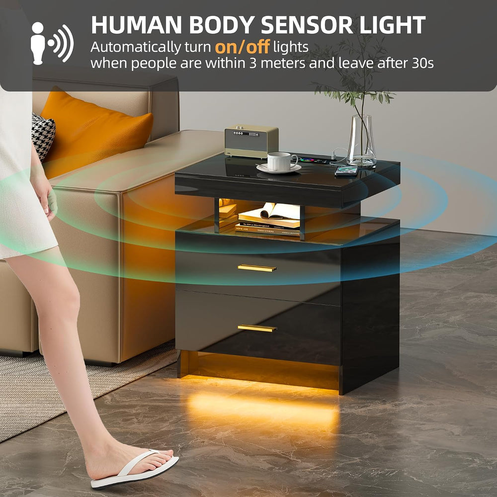 Lvifur Smart Nightstand with RGB Lights & Wireless Charging Station - Bla...