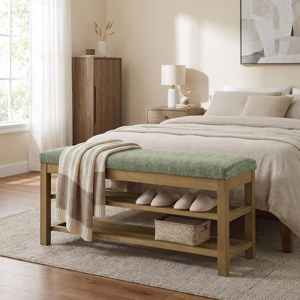 VKNOW 44.3” Entryway Bench, 2-Tier Upholstered Shoe Storage Bench, Green | Shoe Bench with Rubberwood Legs, Shoe Rack for Entryway, Hallway, End of Bed, Living Room