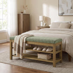 VKNOW 44.3” Entryway Bench, 2-Tier Upholstered Shoe Storage Bench, Green | Shoe Bench with Rubberwood Legs, Shoe Rack for Entryway, Hallway, End of Bed, Living Room