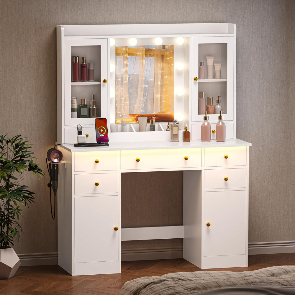 HUANLEGO White Vanity Desk with Mirror and Lights for Girls Women