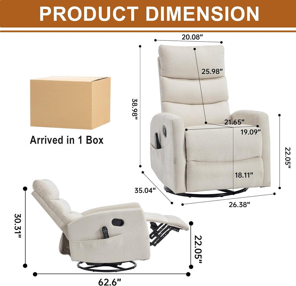 Manual Swivel Rocker Recliner Chair for Adults, Overstuffed Glider Chair for Nursing with Vibration Massage & Lumbar Heat, Living Room Rocking Recliner 3-Stage backrest, Chenille Fabric Beige