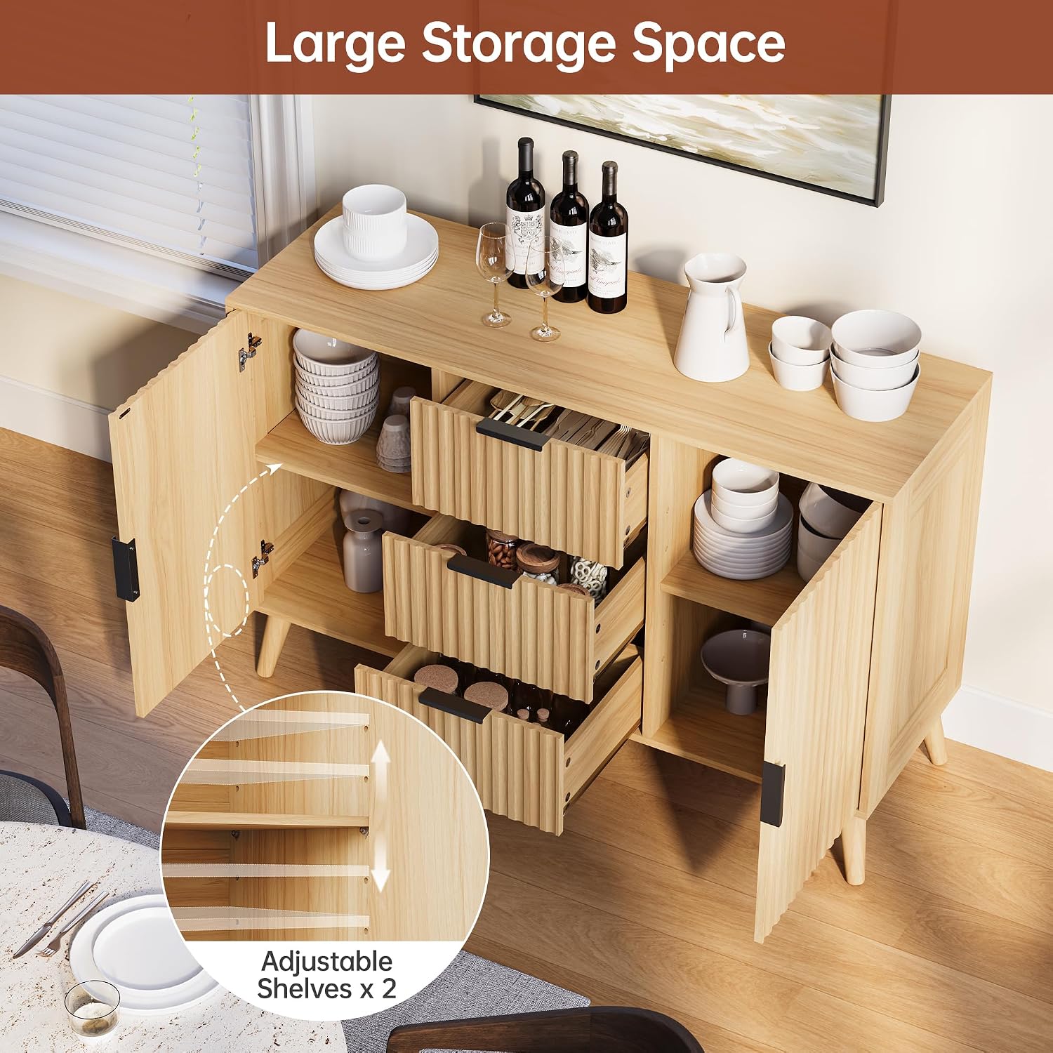 47.2" Fluted Sideboard Buffet Cabinet with 3 Drawers, Modern Sideboard Cabinet with Storage, Large Storage Cabinets with 2 Doors Accent Credenza for Kitchen|Living Room|Entryway, Natural