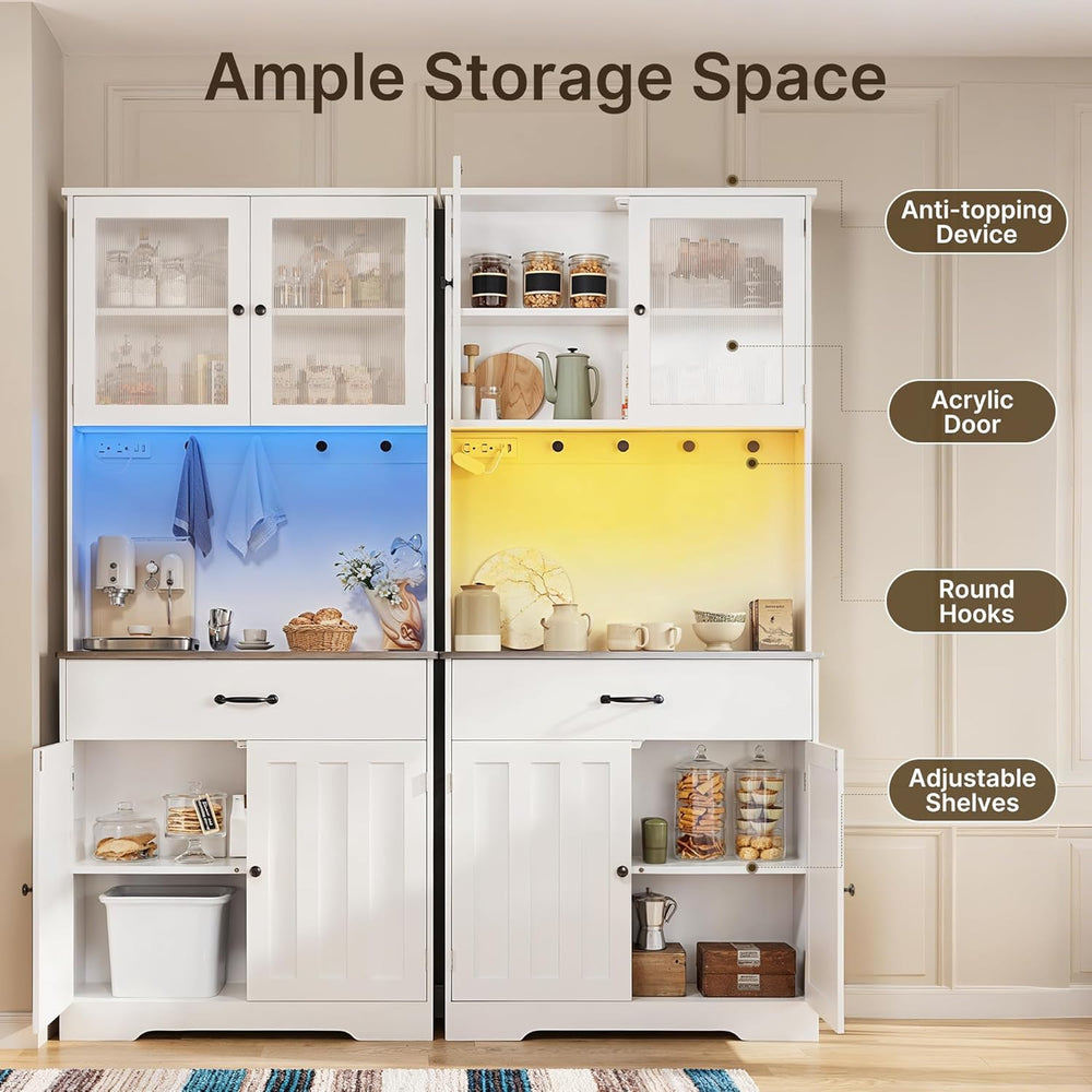 Gizoon 71" H Pantry Cabinet with LED Lights, Tall Farmhouse Kitchen Stor...