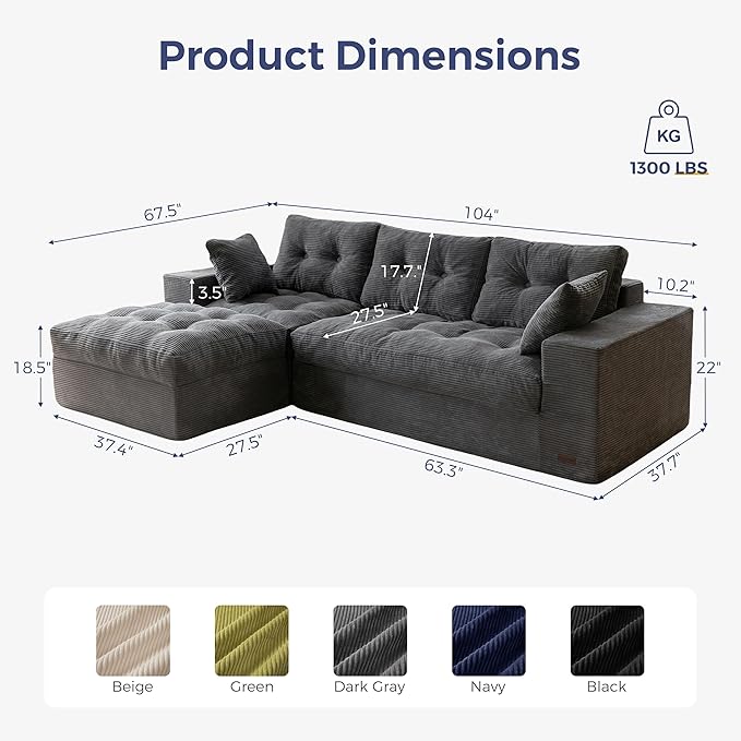 MAXYOYO 104" L Shaped Modular Sectional Sofa with Ottoman, Cloud Boneless Couch with Layered Cushion, Upholstered Sofa in a Box, Flexible Module Combination for Living Room, No Assembly, Dark Grey