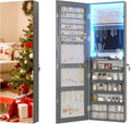 Vlsrka 47.2" LED Grey Jewelry Mirror Cabinet, Wall/Door Mounted Jewelry Armoire Organizer with Full-Length Mirror, Large Capacity Storage Hanging Cabinet, 4 Drawers, 5 Shelves, Built-in Lighted Mirror