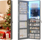 Vlsrka 47.2" LED Grey Jewelry Mirror Cabinet, Wall/Door Mounted Jewelry Armoire Organizer with Full-Length Mirror, Large Capacity Storage Hanging Cabinet, 4 Drawers, 5 Shelves, Built-in Lighted Mirror