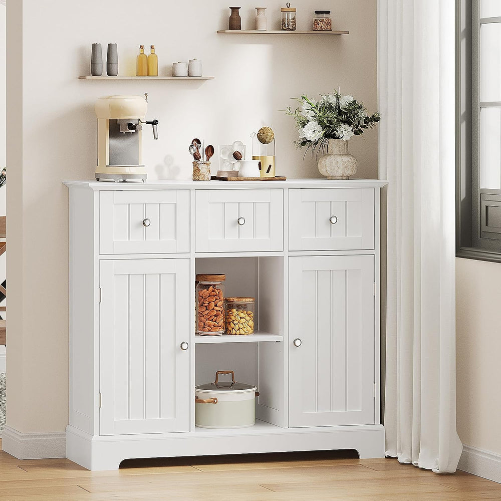 ChooChoo 35.4" Coffee Bar Cabinet with 3 Drawers and 2 Doors, White