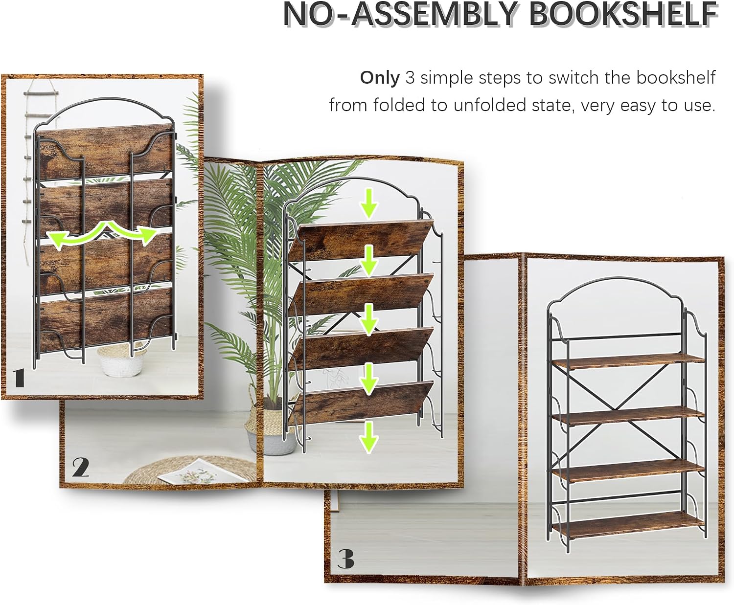 4NM No Assembly Folding Bookshelf for Living Room, 4 Tiers Collapsible Book Shelves Open Industrial Foldable Bookcase Storage Shelf for Home Office - Rustic Brown Black