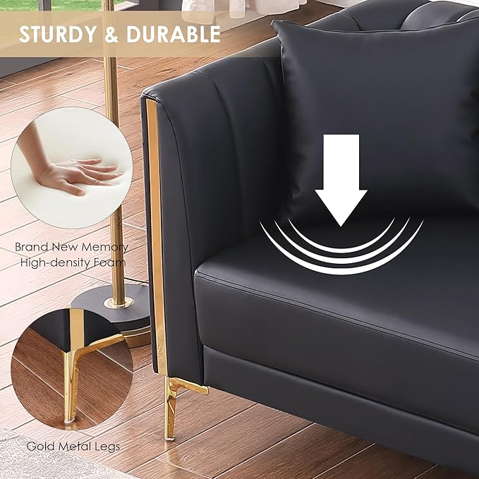 FOTOSOK Black Leather Couch Sofa, Office Couches for Living Room, 78'' Apartment Faux Leather Sofa with 2 Throw Pillows and Gold Metal Legs, Waterproof 3 Seater Couches for Small Living Room
