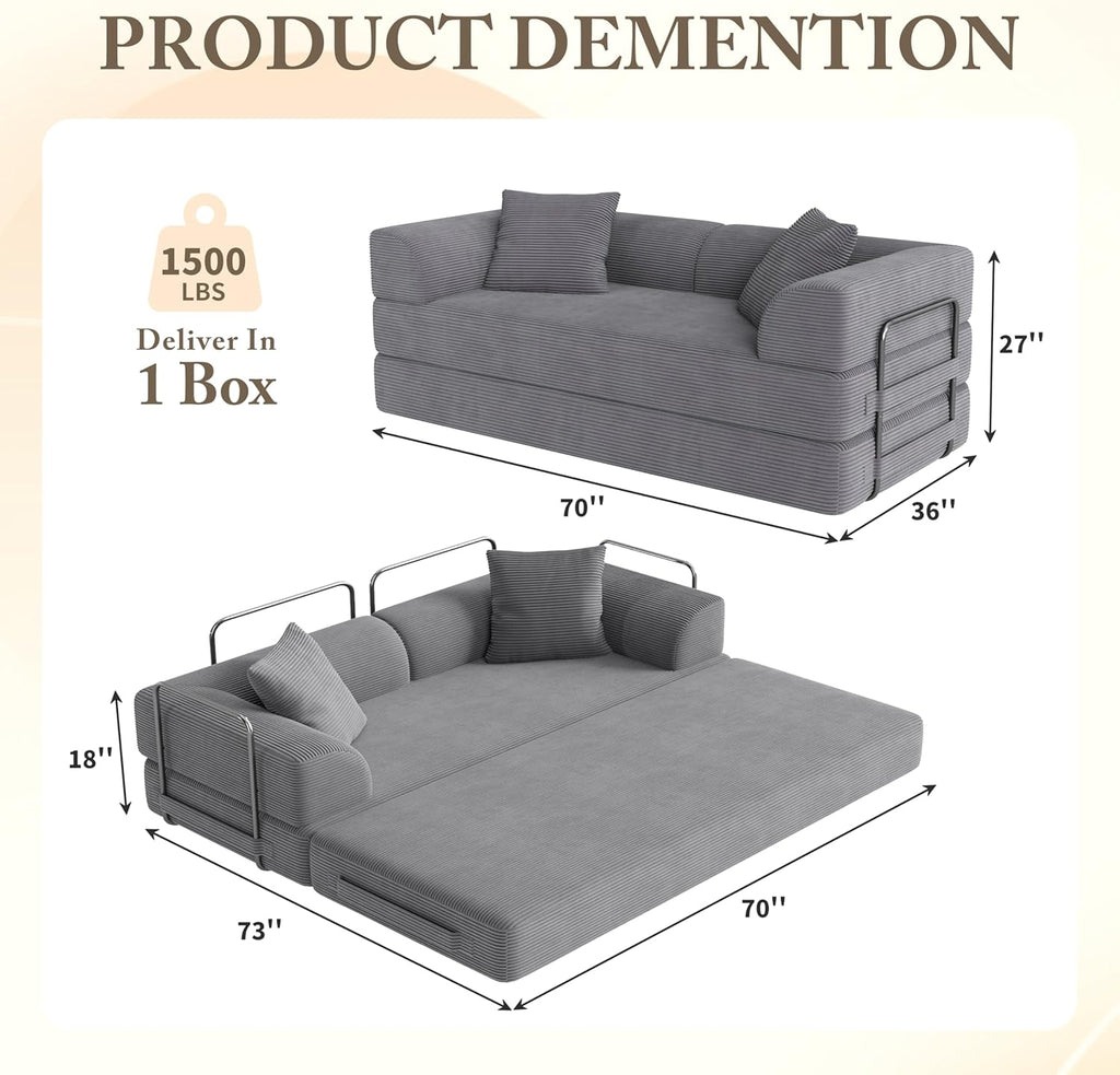 Cloud Boneless Couch Futon Sofa Bed, 5-in-1 Convertible Sofa Bed Pull Out Couch Sleeper Sofa Compressed Loveseat, 70" High-Density Sponge & Corduroy Fabric Futon Daybed for Living Room Bedroom (Gray) | 5-in-1 Convertible
