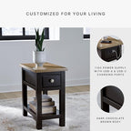 Signature Design by Ashley Drazmine Casual 1 Drawer Chair Side End Table with USB Charging Ports, 1 Lower Shelf and Power Cord, Light Brown & Black
