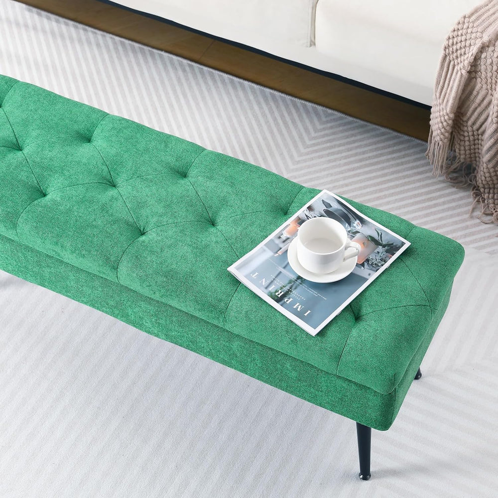 Storage Ottoman Long Upholstered Entryway Bench, 43.5" Fabric Green | La...