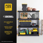 Black & Yellow, 4-Tier Heavy Duty Plastic Storage Shelving Unit, 200lbs/shelf (55H x 48W x 20D), for Indoor/Outdoor Organization, Modular Rack
