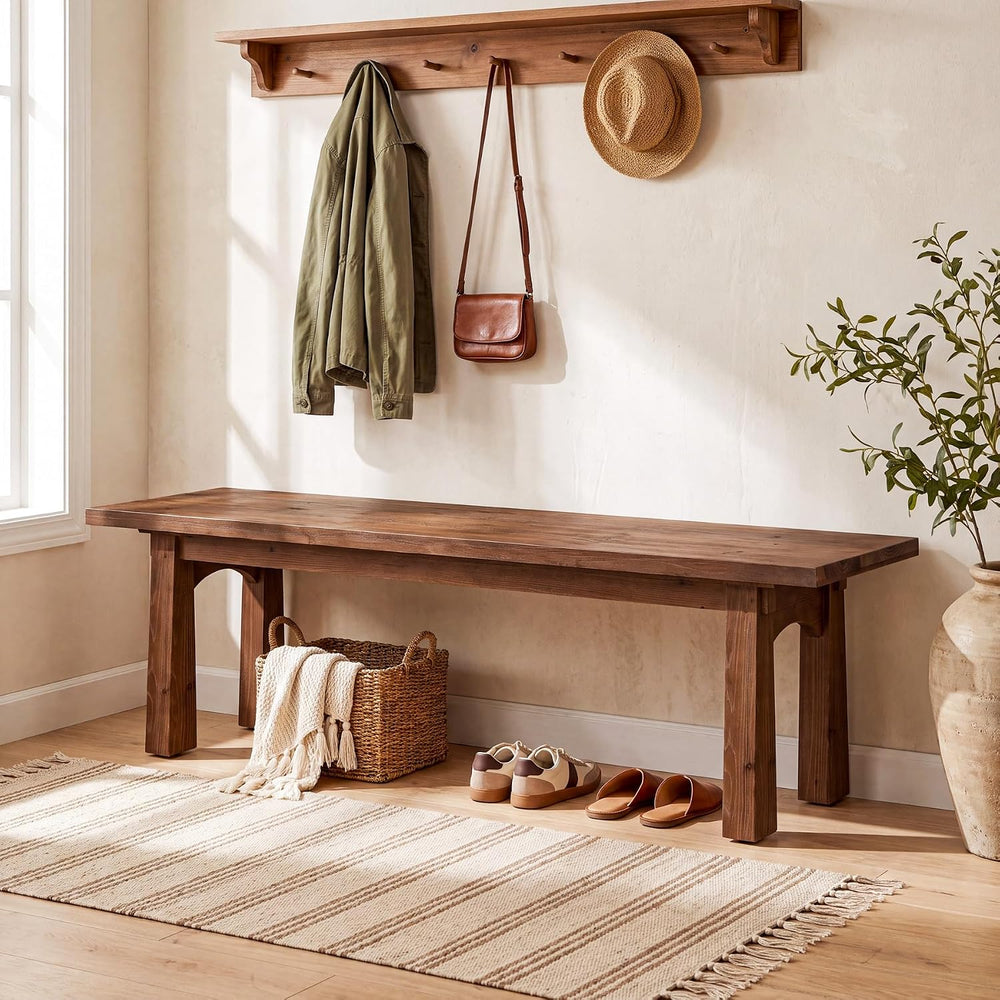 TRIBEWOOD 55 Inch Solid Wood Dining Bench, Entryway Bench, Rustic Brown | Sol...