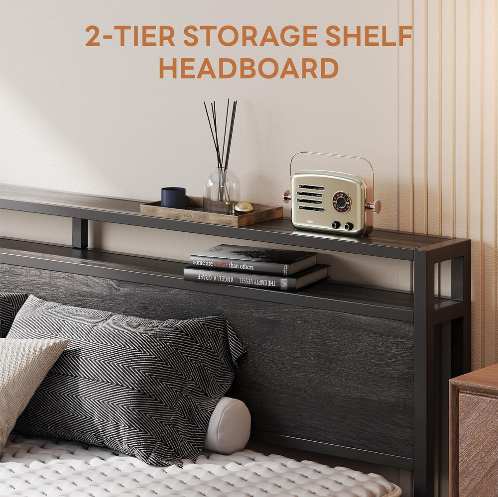 LIKIMIO California King Bed Frames with 2-Tier Storage Shelf Headboard
