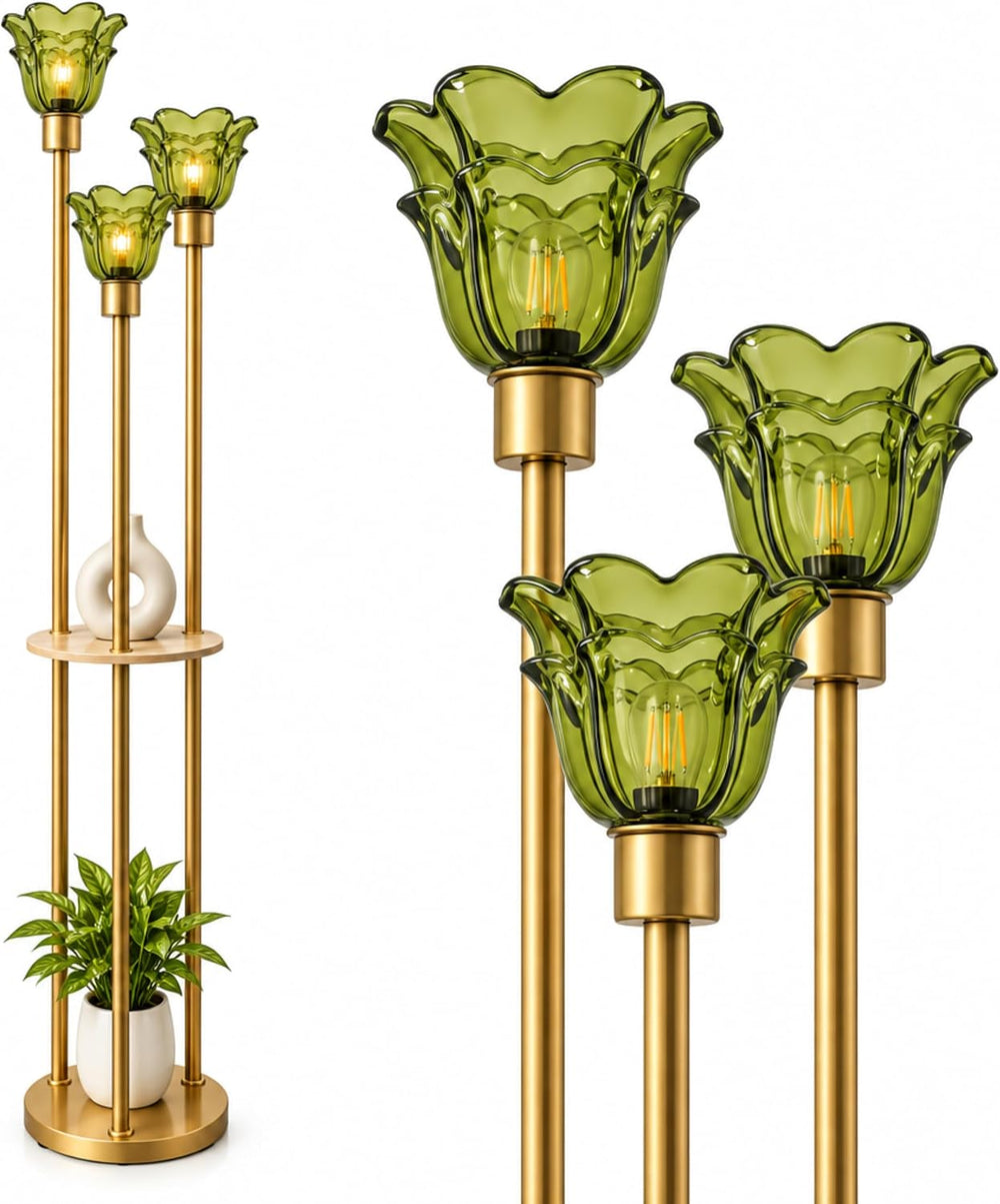 Fiqevs 3 Flower Mid Modern Glass Floor Lamp with Shelves for Living Room