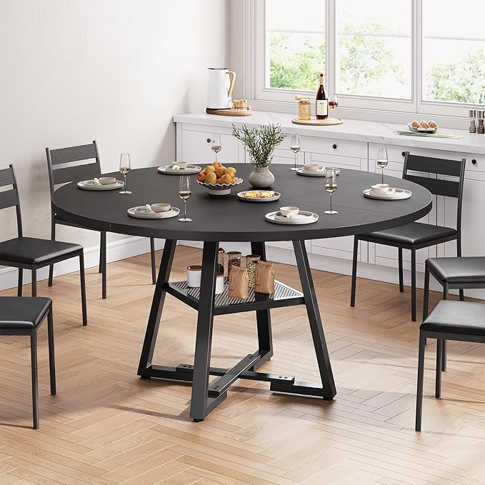 51'' Round Dining Table,Kitchen Dining Room Circle Dinner Pedestal Table,Space Saving Wood Kitchen & Dining Room Furniture (Black, 51In)