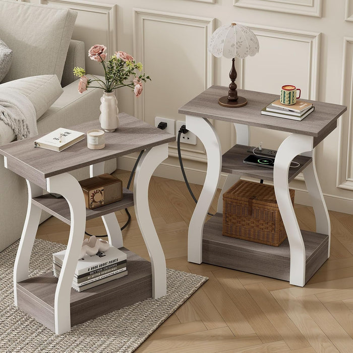 OLIXIS End Table with Charging Station, Modern Curved Nightstand Set of 2