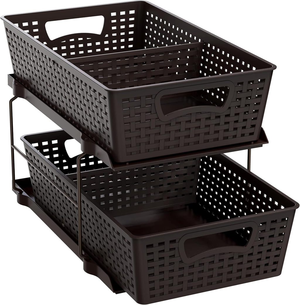 Simple Houseware 2 Tier Bathroom Organizer Tray Pull-Out Sliding Drawer, Under Sink Storage, Brown
