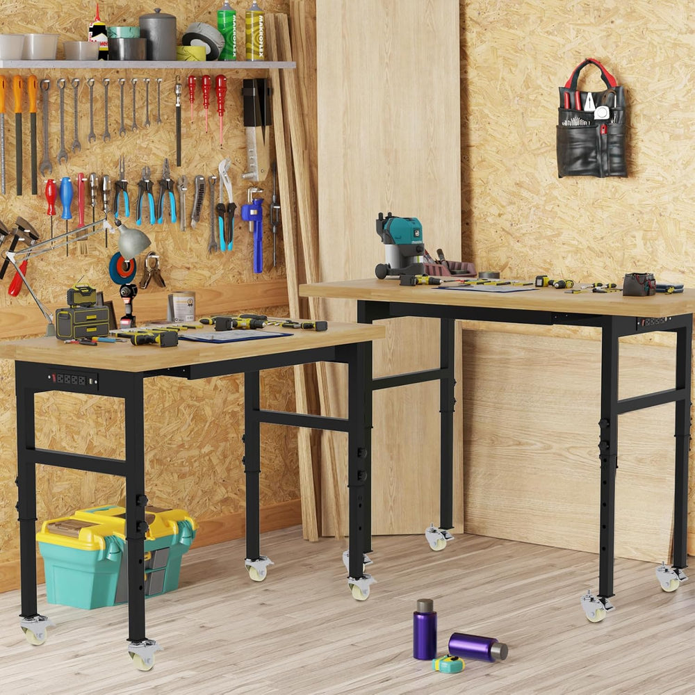 60'' Adjustable Workbench, Solid Wood Work Bench Table with Wheels an...