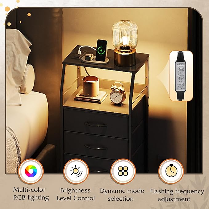 WLIVE Night Stand with Charger Station, LED Nightstand with 4 Fabric Drawers ...