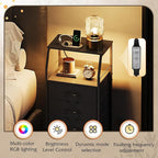 WLIVE Night Stand Set of 2 with Charger Station, Nightstand Sets with LED Light and 4 Storage Drawers, Tall Dressers for Bedroom, Bedside Tables with Fabric Bins, Wood Shelf, Metal Frame, Black