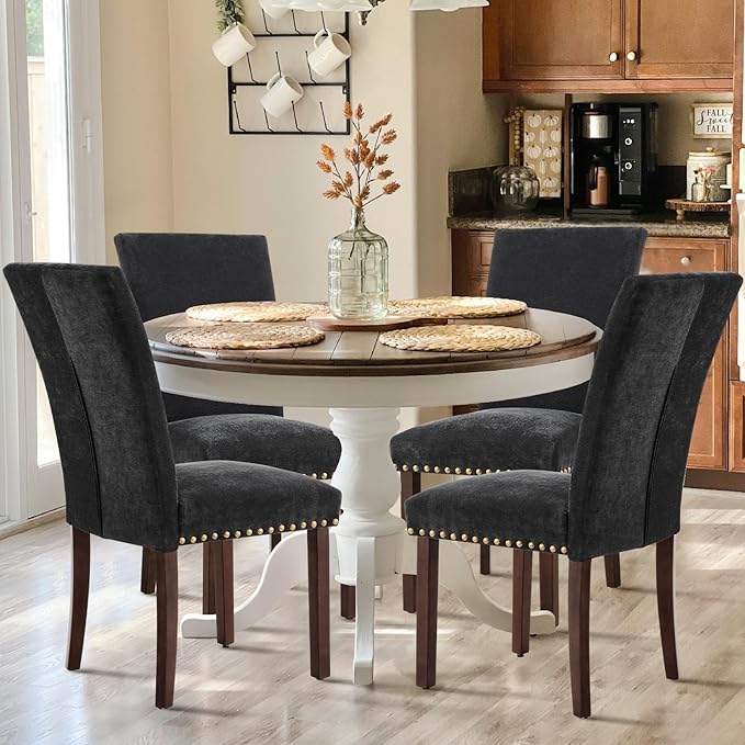 COLAMY Upholstered Parsons Dining Chairs Set of 6, Fabric Dining Room Kitchen Side Chair with Nailhead Trim and Wood Legs - F-Black