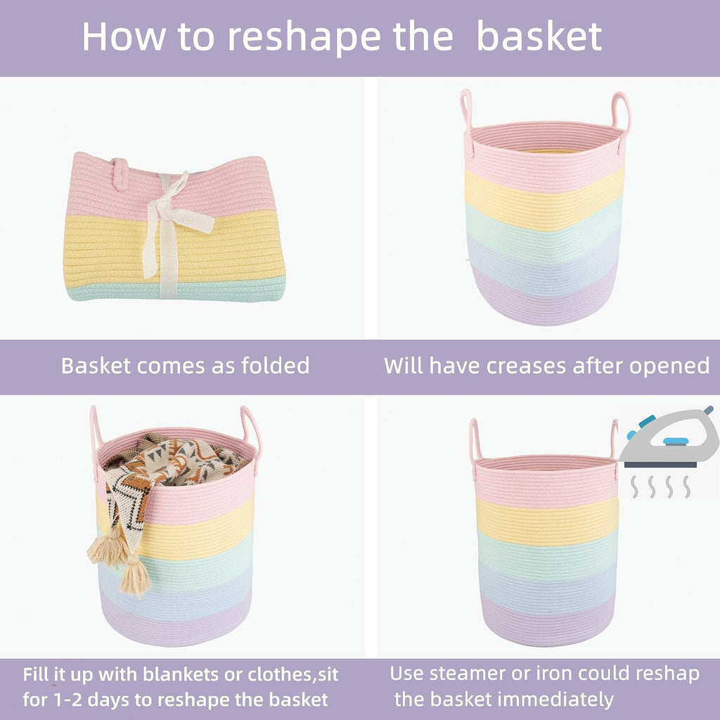 XUANGUO Rope Laundry Basket Hamper for Kids Girl, rainbow | Woven Storage Basket for Living Room Bedroom Boho Tall Baskets for Blanket Toys Pillow Towels Baby Nursery Hamper Bin