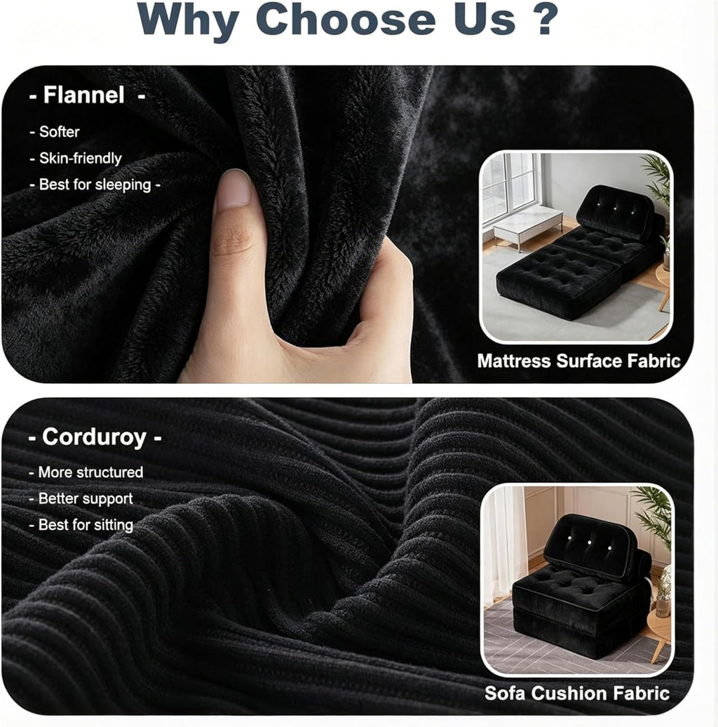 Folding Sofa Bed, Flannel Futon Couch Bed with Pillow and Blanket, Convertible Sleeper Chair for Small Space Apartment Guest Room, Black