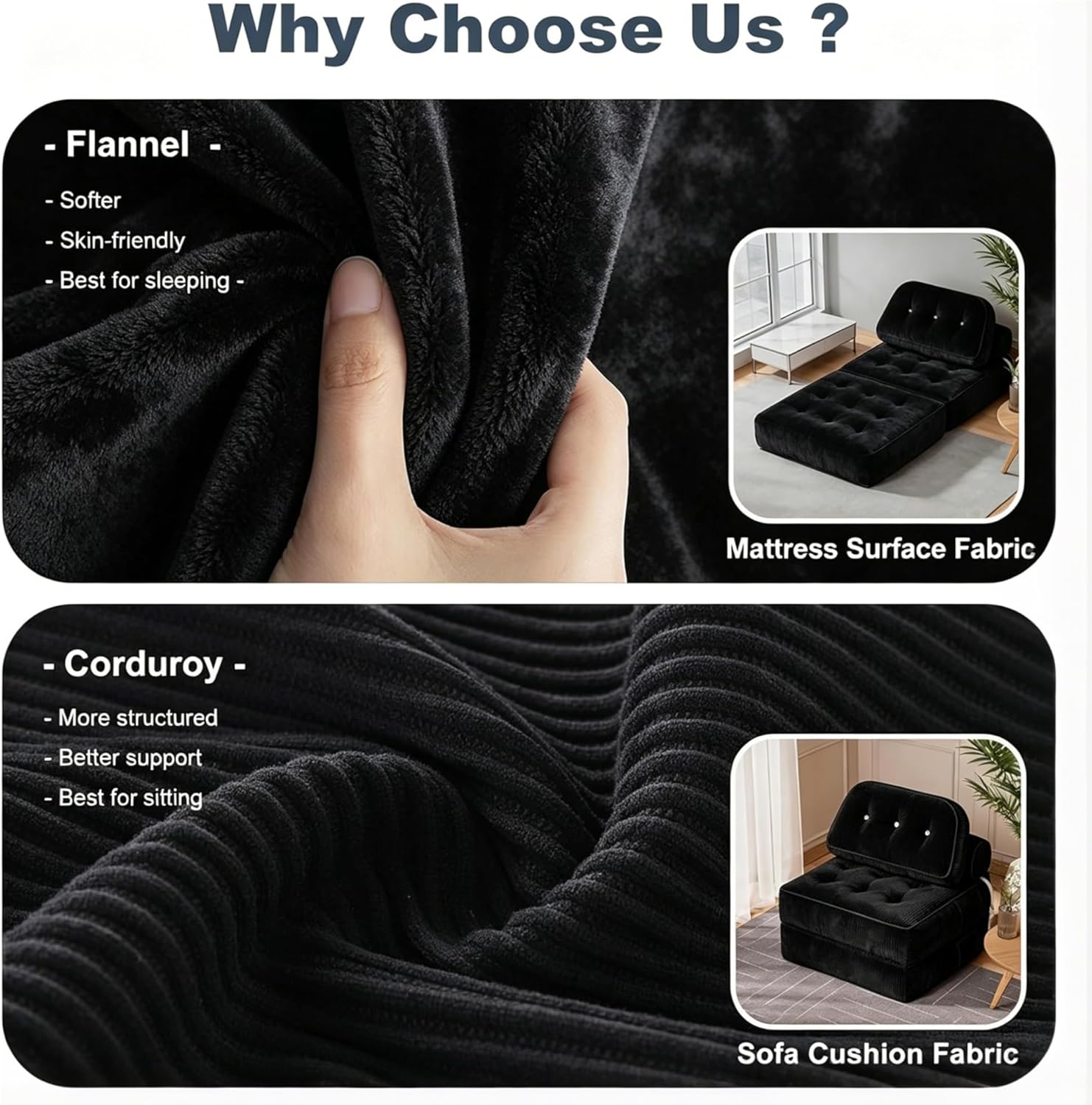 Folding Sofa Bed, Flannel Futon Couch Bed with Pillow and Blanket, Convertible Sleeper Chair for Small Space Apartment Guest Room, Black