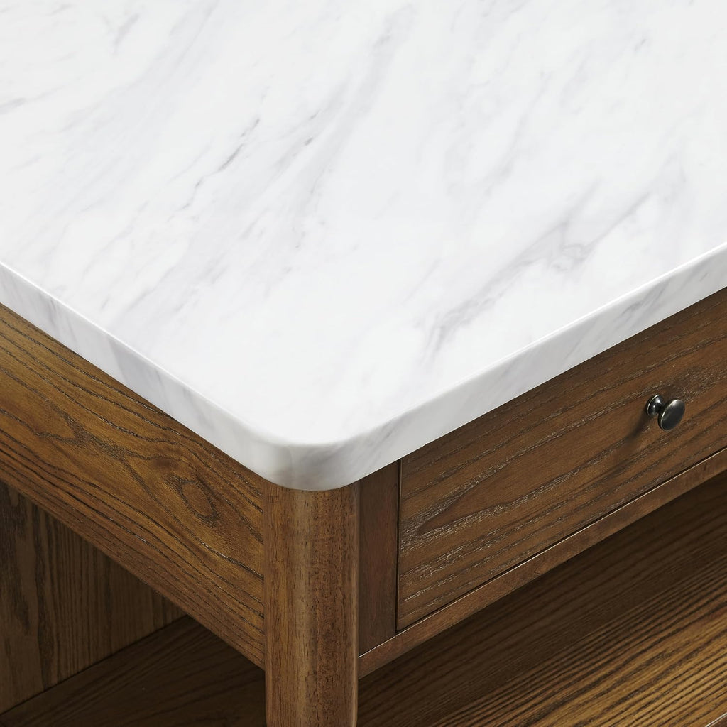 Crosley Furniture Roselyn Traditional Kitchen Island Breakfast Bar Table, Counter-Height Dining, Brown/White Marble