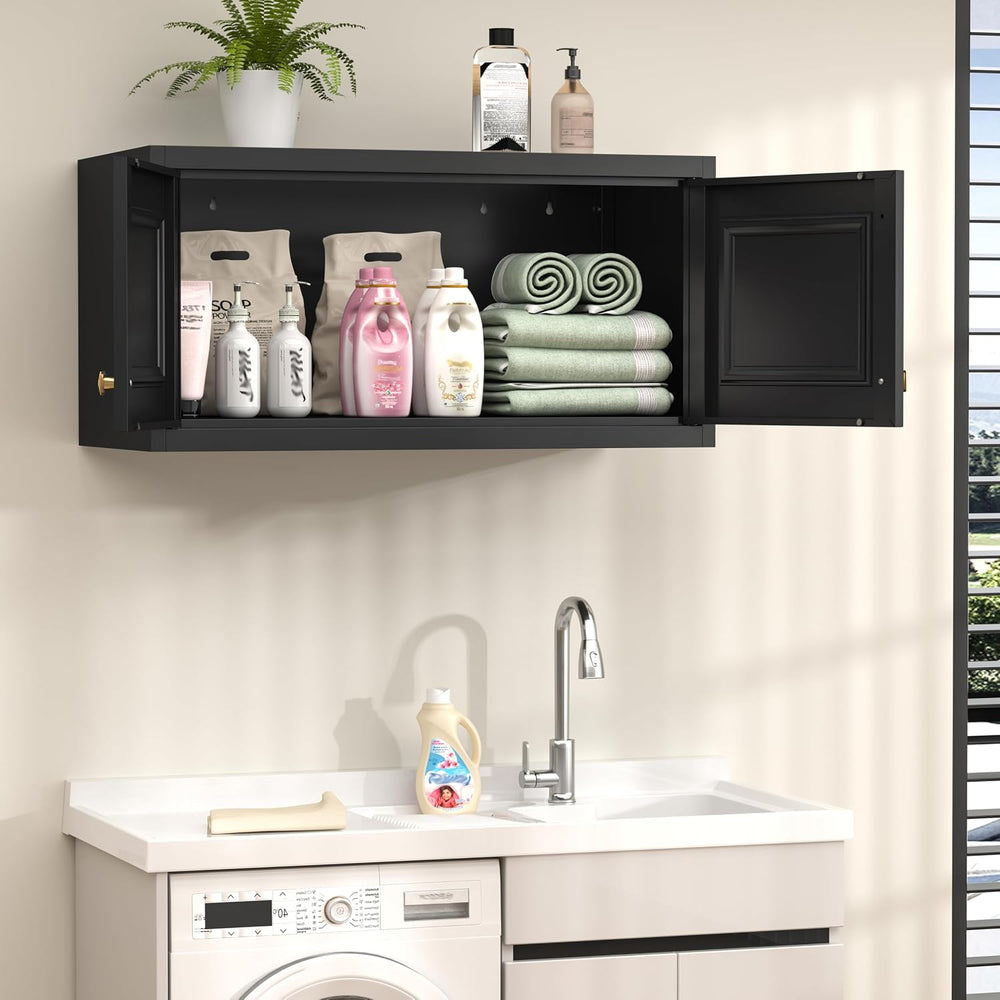 32" Wall Storage Cabinet with 2 Doors & Gold Handle | Black Metal, H...