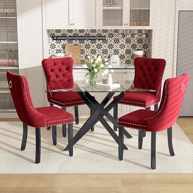 51 Inch Glass Dining Table Set for 4, Rectangular Glass Kitchen Table with 4 Upholstered Velvet Accent Chairs, 5 Piece Modern Dining Room Set, for Home, Apartment, Small Spaces - Red Black