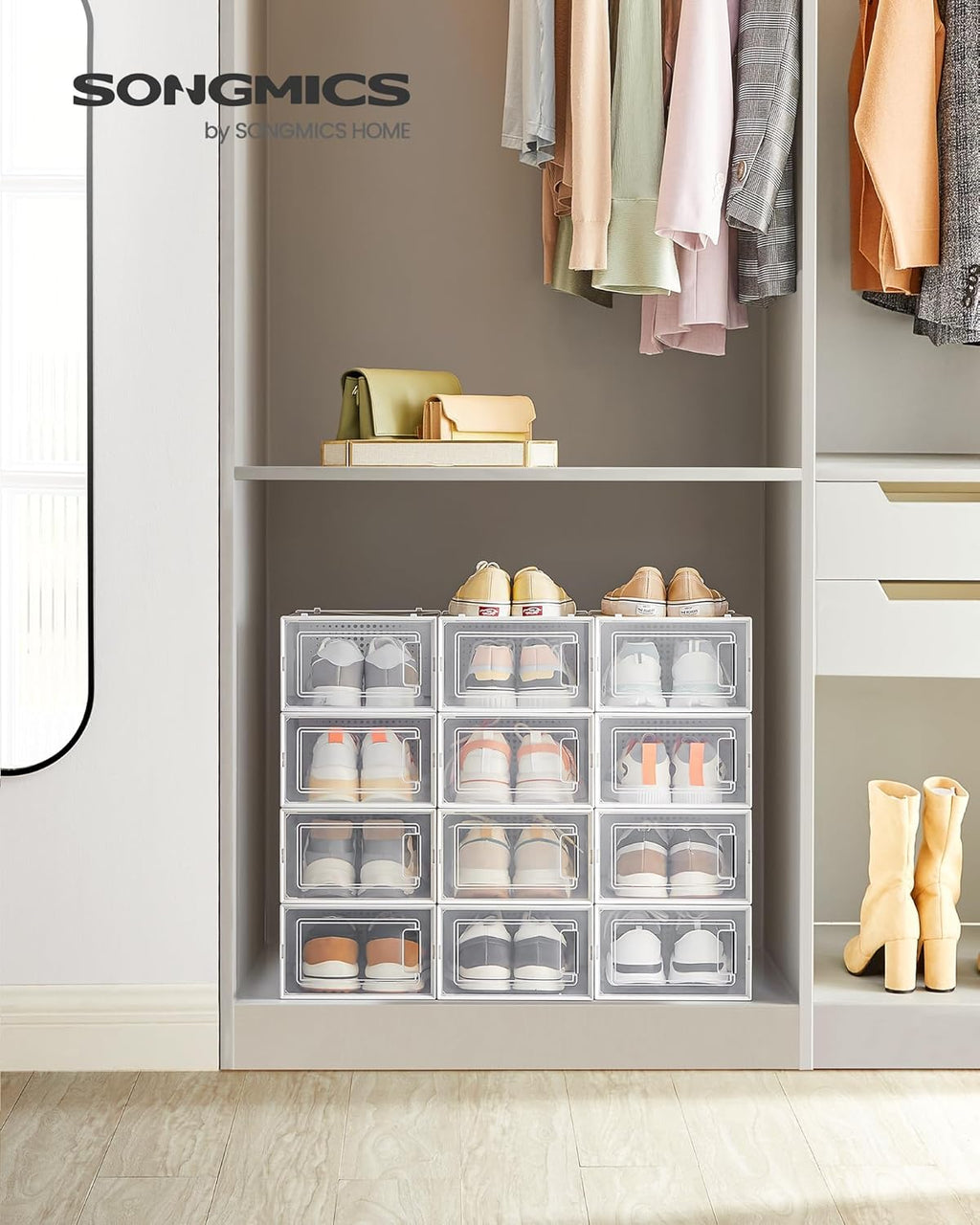SONGMICS Shoe Boxes, Pack of 15 Shoe Storage Organizers, Stackable Clear Plastic Boxes for Closet, Sneakers, 13.1 x 9.1 x 5.6 Inches, Transparent and White ULSP015W02