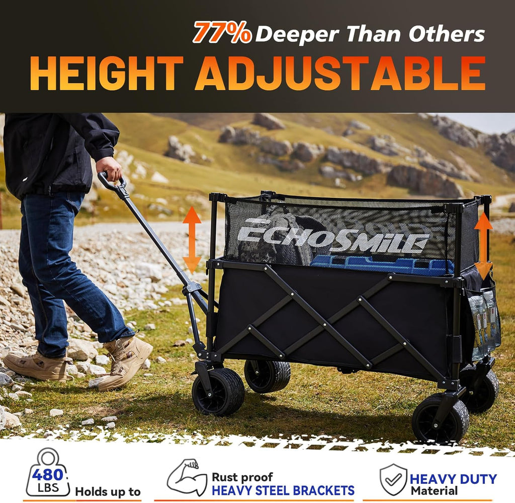 EchoSmile Collapsible Folding Wagon Cart with Mesh Fabric - 480lbs Capacity 2-in-1 Heavy Duty Utility Wagon for Camping, Beach, Grocery &Shopping
