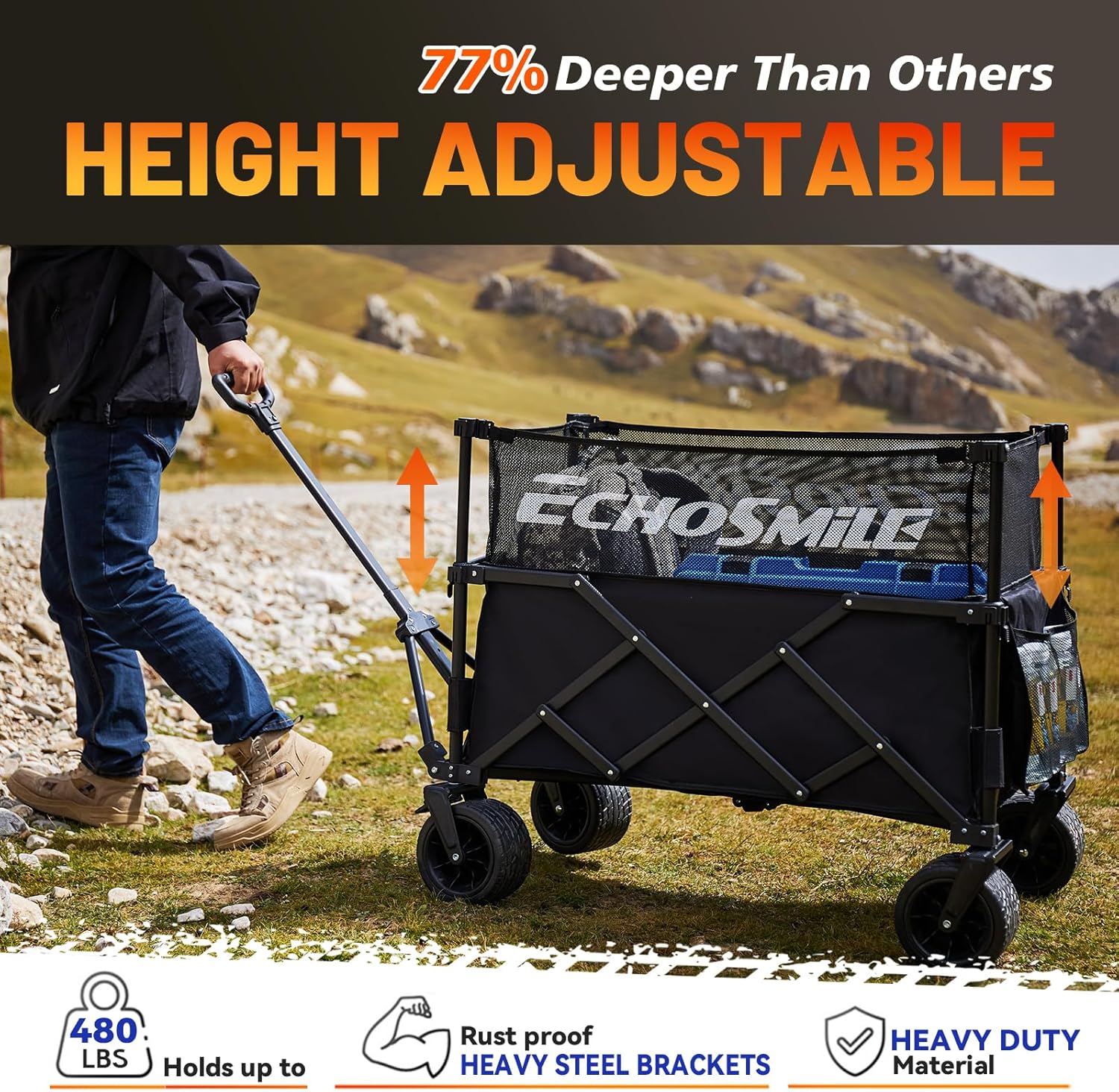 EchoSmile Collapsible Folding Wagon Cart with Mesh Fabric - 480lbs Capacity 2-in-1 Heavy Duty Utility Wagon for Camping, Beach, Grocery &Shopping