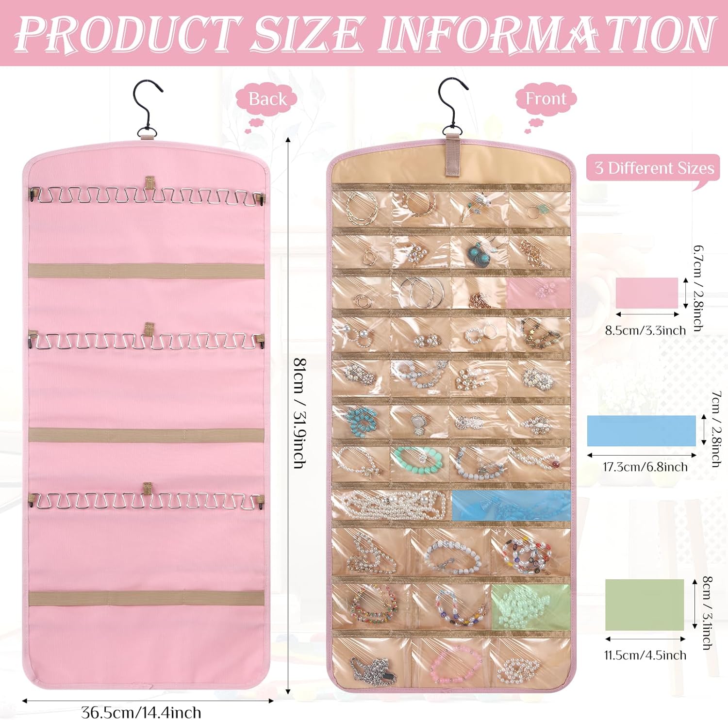 2 Pack Hanging Jewelry Organizer Storage with 39 Pockets, 30 Necklace Hooks Double Sided Wall Mount Earring Holder Organizer Bracelet Necklace Jewelry Display Hanger for Closet Door(Pink)