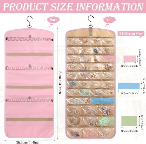 2 Pack Hanging Jewelry Organizer Storage with 39 Pockets, 30 Necklace Hooks Double Sided Wall Mount Earring Holder Organizer Bracelet Necklace Jewelry Display Hanger for Closet Door(Pink)